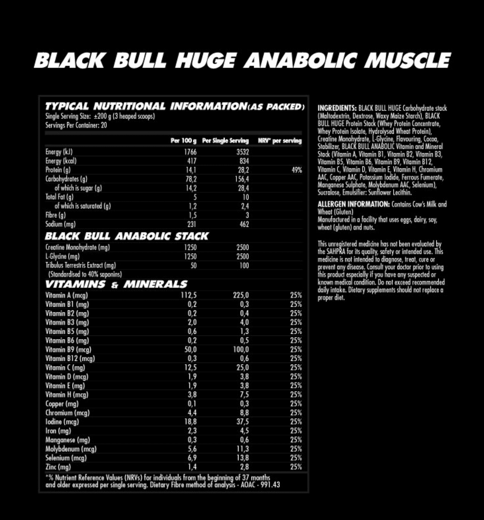 Black Bull HUGE Anabolic Muscle Nutritional Information