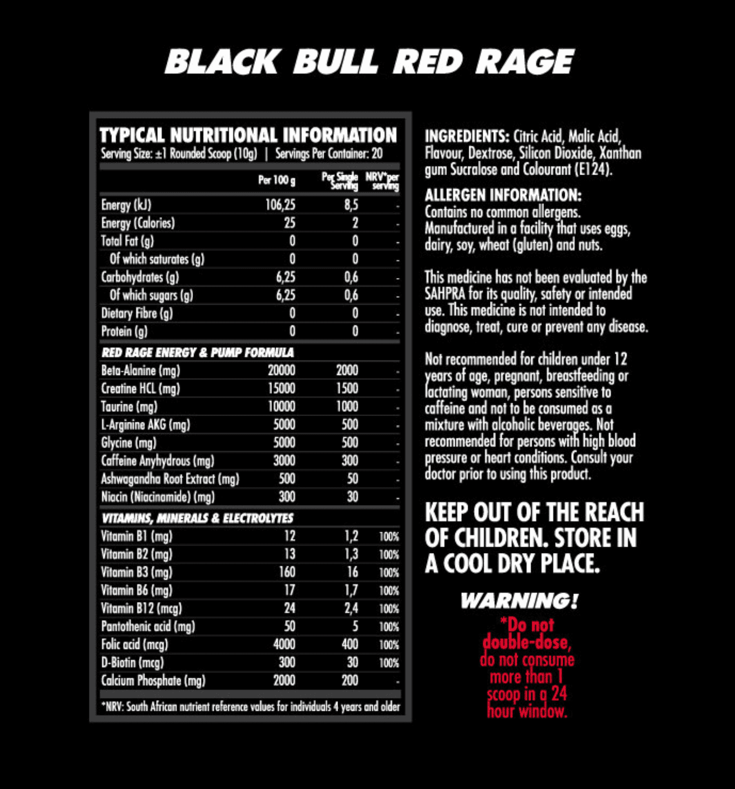 Black Bull HUGE Red Rage Nutritional Information