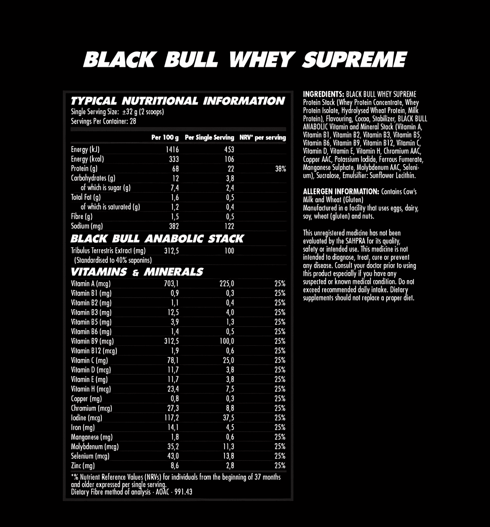 Black Bull WHEY SUPREME Nutritional Information