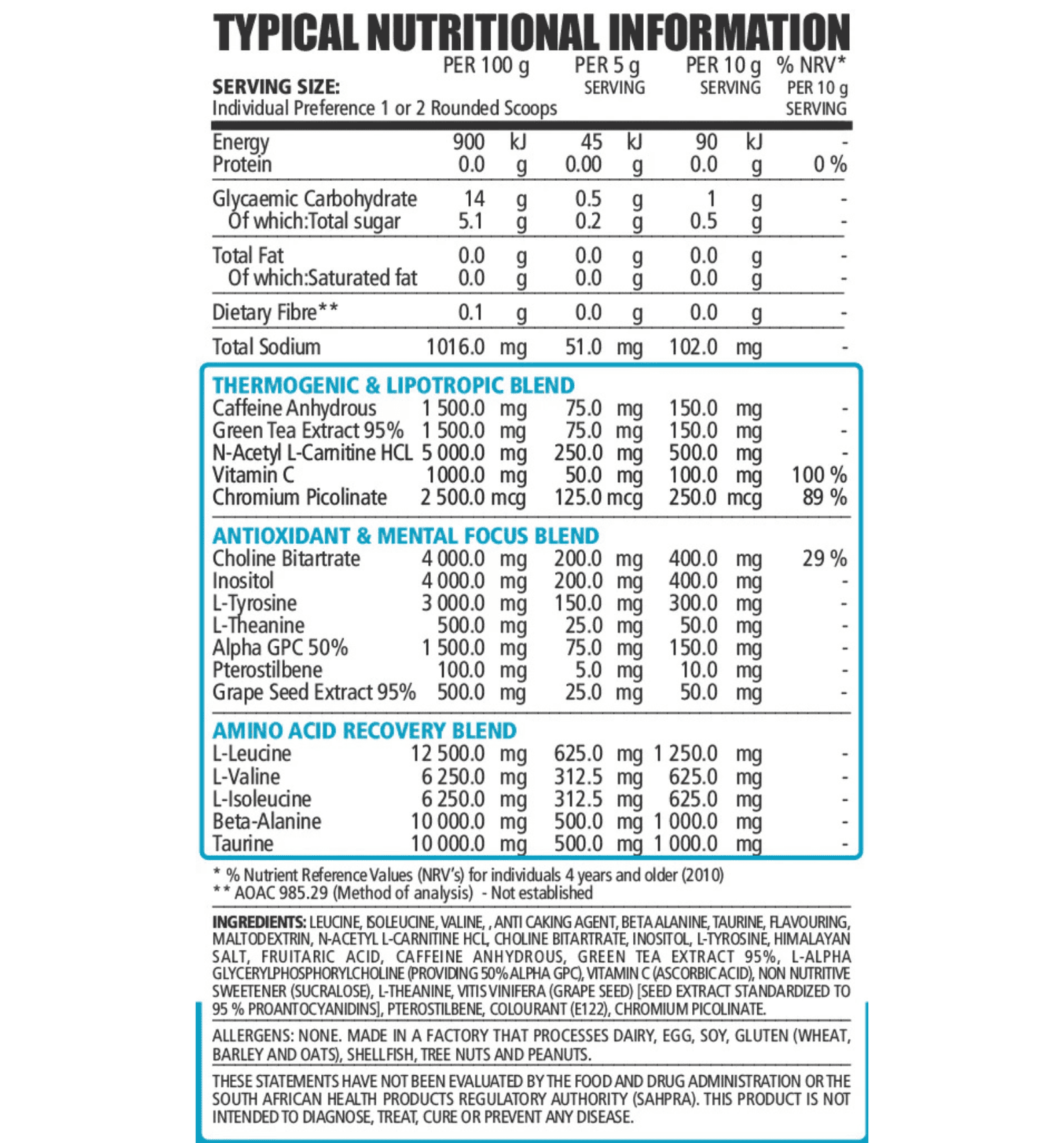 NPL Amino Burn Nutritional Information