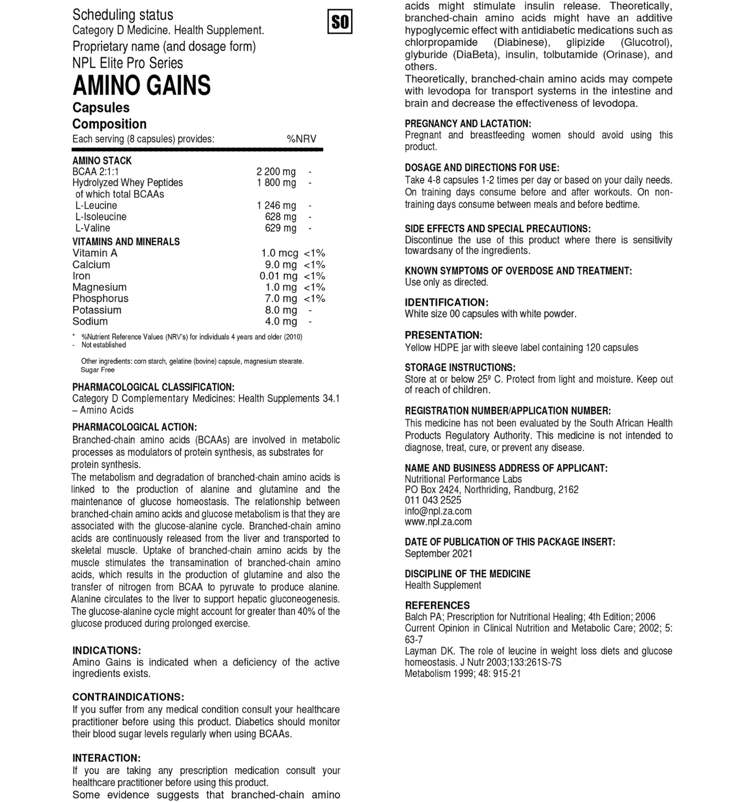 NPL Amino Gains Nutritional Information