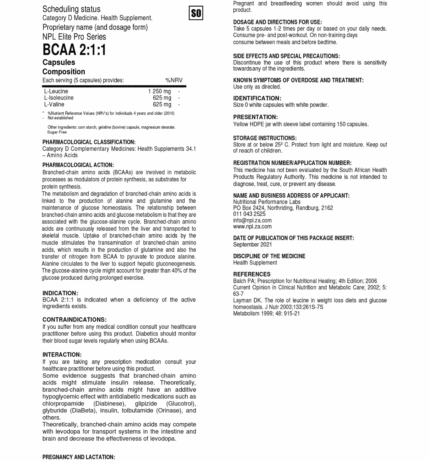 NPL BCAA 211 Nutritional Information