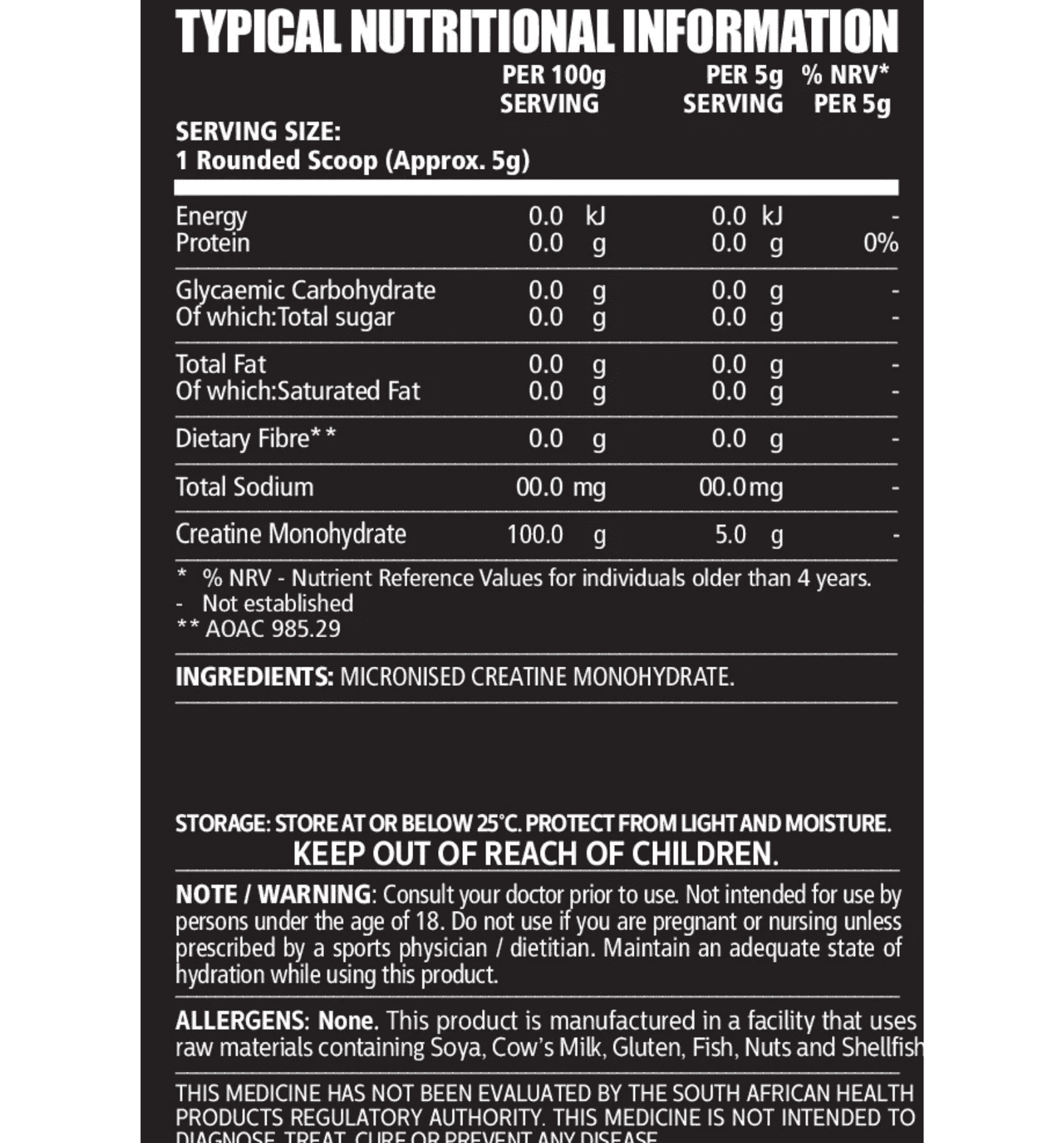 NPL Creatine Monohydrate Nutritional Information