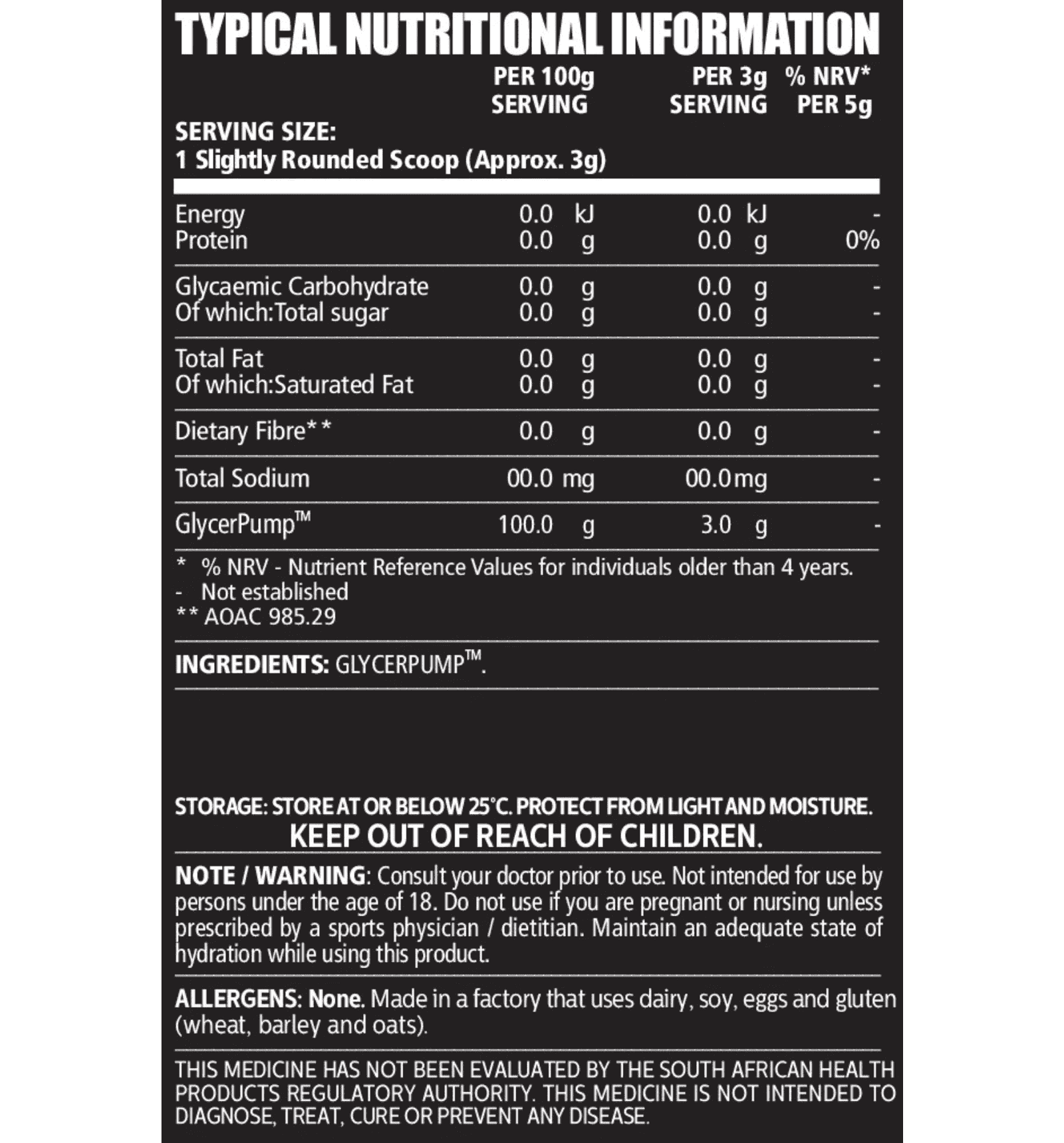 NPL GlycerSize Nutritional Information