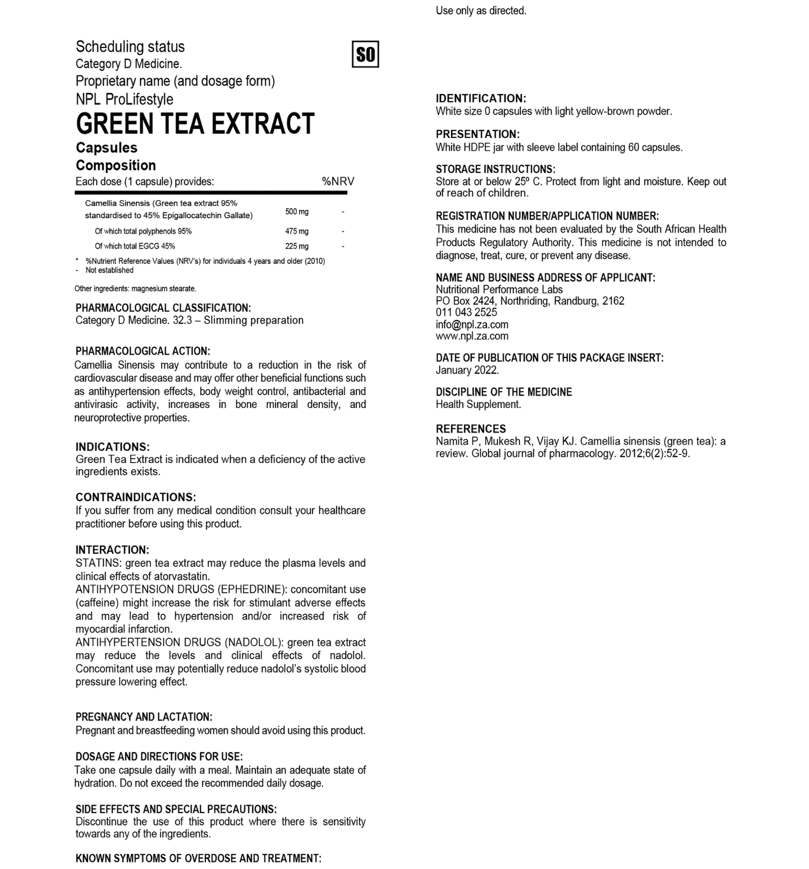 NPL Green Tea Extract Nutritional Information