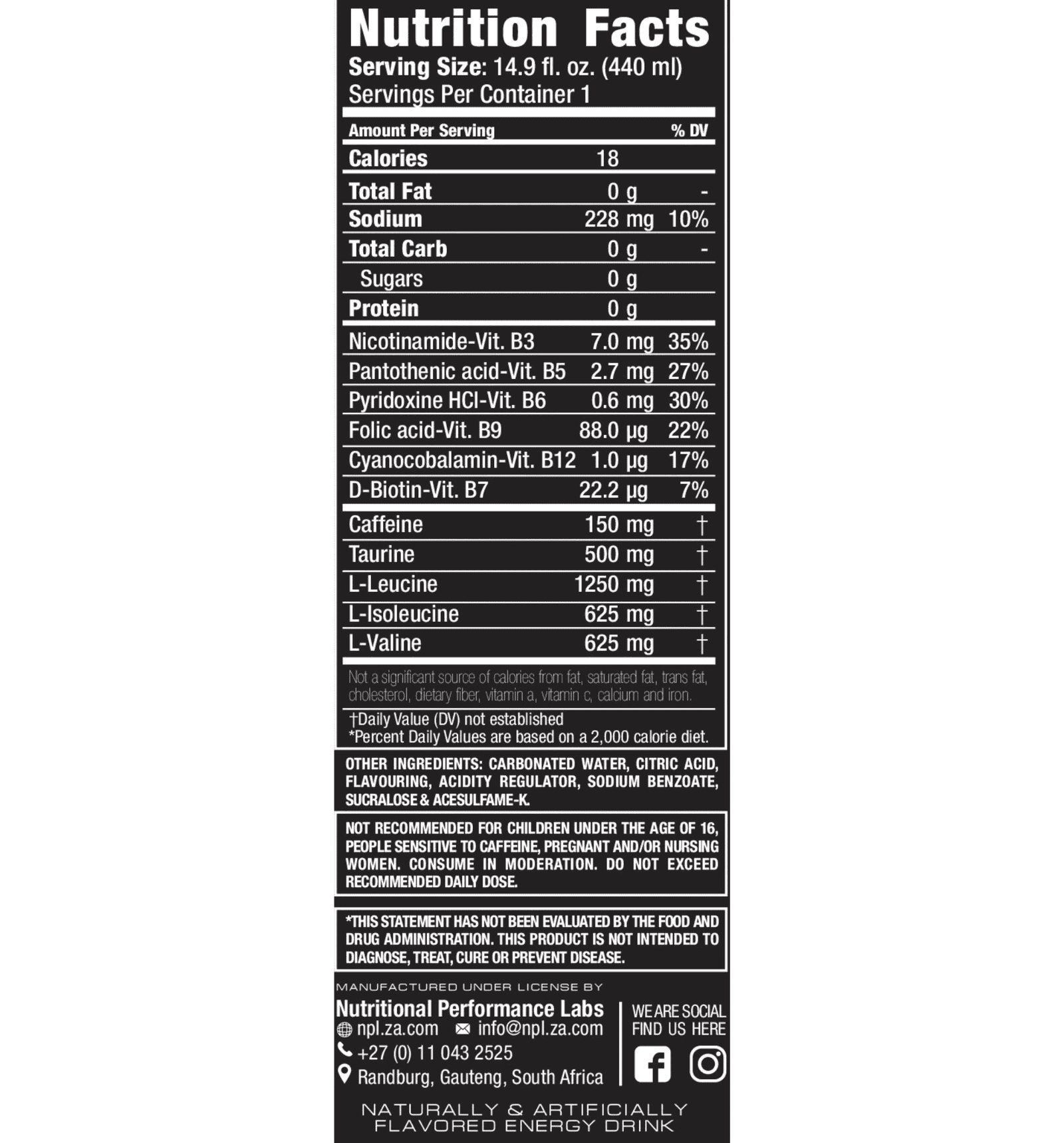 NPL Hustle BCAA Energy Drink Nutritional Information