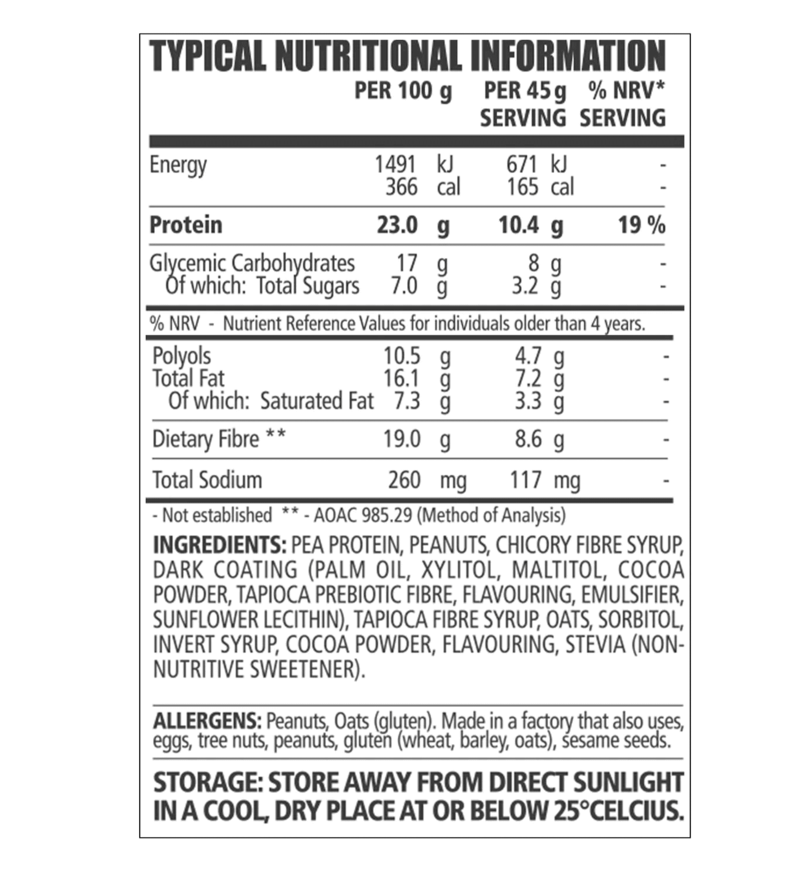 NPL Vegan Protein Bar Nutritional Information
